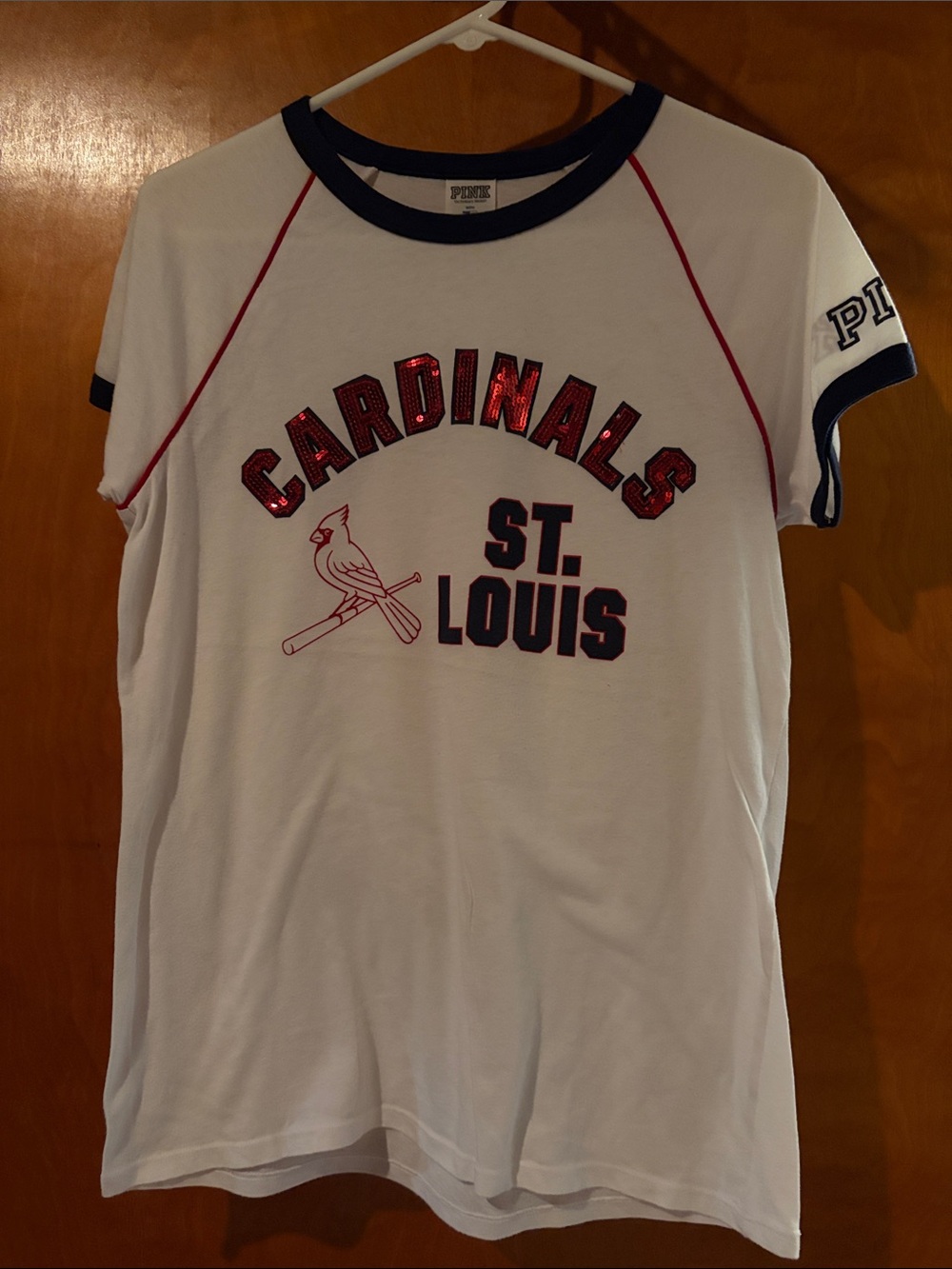 PINK Victoria's Secret White Ringer Tee with Navy & Red Cardinals Graphic